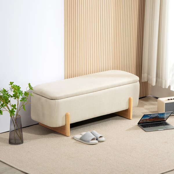 HOMCOM Pouf con spazio di archiviazione, panca con imbottitura in schiuma, imitazione di lino, 111 x 44 x 44,5 cm, Cremeweiß