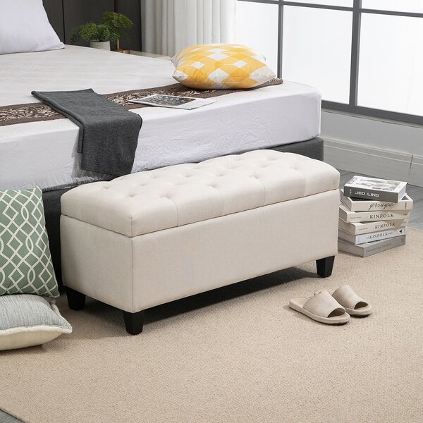 HOMCOM Panca Imbottita con Contenitore Panca da Corridoio da Camera da Letto Salotto Tessuto in Poliestere Legno di Gomma Bianco crema 100 x 40 x 44 cm