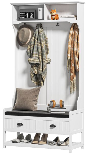HOMCOM Appendiabiti con Ganci, Appendiabiti con Panca, per Ingresso, Corridoio, Metallo, MDF, Bianco+Grigio