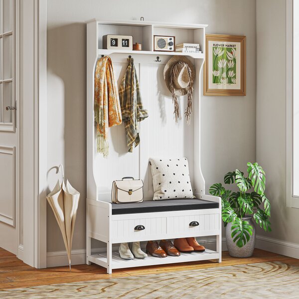 HOMCOM Appendiabiti con Ganci, Appendiabiti con Panca, per Ingresso, Corridoio, Metallo, MDF, Bianco+Grigio