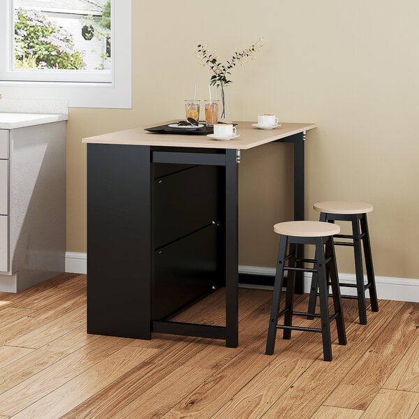 HOMCOM Set da 3 pezzi per bar, Tavolo da bar con piano pieghevole, 2 sgabelli da bar, 6 scomparti, nero+quercia, 116 x 70 x 89,5 cm