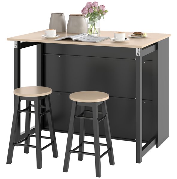 HOMCOM Set da 3 pezzi per bar, Tavolo da bar con piano pieghevole, 2 sgabelli da bar, 6 scomparti, nero+quercia, 116 x 70 x 89,5 cm