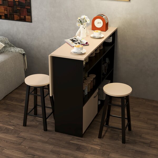 HOMCOM Set da 3 pezzi per bar, Tavolo da bar con piano pieghevole, 2 sgabelli da bar, 6 scomparti, nero+quercia, 116 x 70 x 89,5 cm