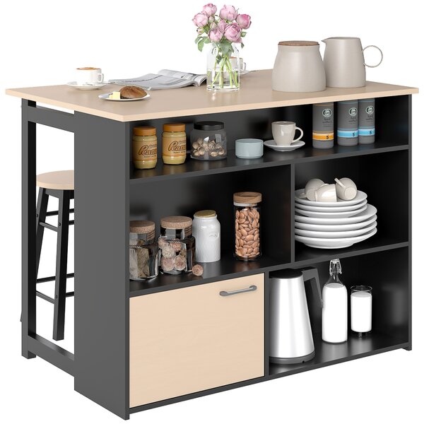 HOMCOM Set da 3 pezzi per bar, Tavolo da bar con piano pieghevole, 2 sgabelli da bar, 6 scomparti, nero+quercia, 116 x 70 x 89,5 cm