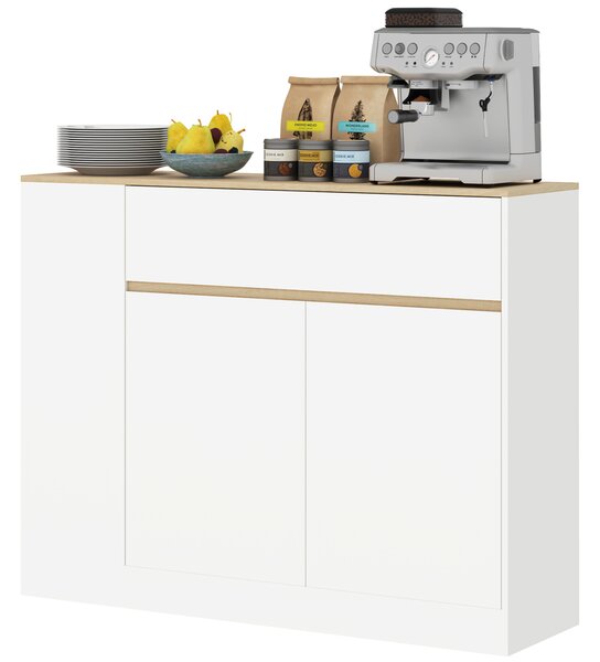 HOMCOM Credenza Moderno da cucina con 2 cassetti, Mobile con 3 scaffali aperti e 2 ante, per soggiorno, sala e Ingresso, Bianco/Legno | Aosom Italy