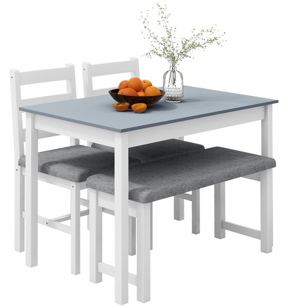 HOMCOM Insieme di sedie, Set da pranzo 4 pezzi, 1 Tavolo, 1 Panca, 2 Sedie, Grigio + Bianco
