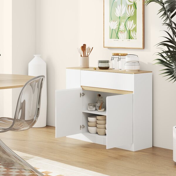 HOMCOM Credenza Moderno da cucina con 2 cassetti, Mobile con 3 scaffali aperti e 2 ante, per soggiorno, sala e Ingresso, Bianco/Legno | Aosom Italy