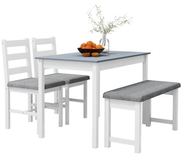HOMCOM Insieme di sedie, Set da pranzo 4 pezzi, 1 Tavolo, 1 Panca, 2 Sedie, Grigio + Bianco