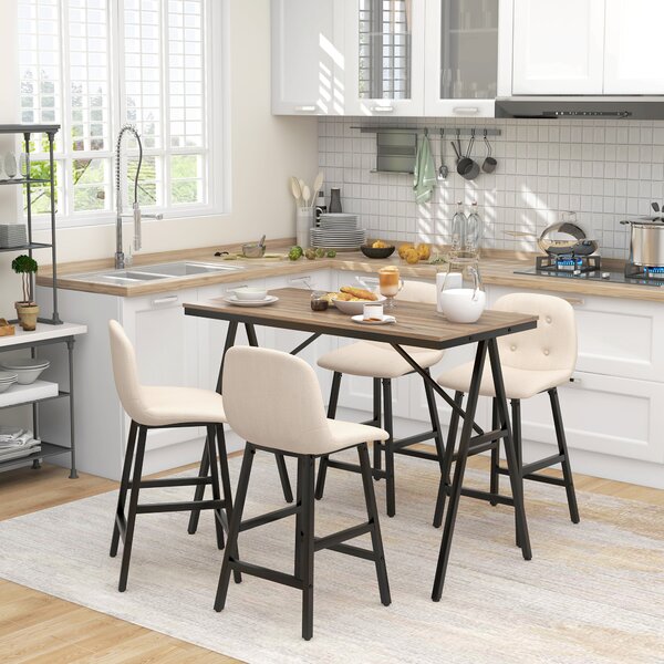 HOMCOM Set da Bar 5-Pezzi, Tavolo e 4 Sedie, Puntinatura, Imbottitura Spessa, Tessuto in Lino, Beige