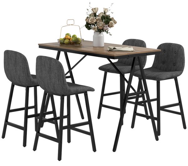 HOMCOM Set da bar 5 pezzi, Tavolo e 4 Sgabelli, Puntinatura a bottone, Imbottitura spessa, Lino, Grigio scuro