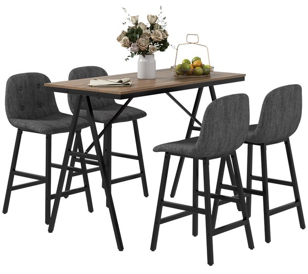 HOMCOM Set da bar 5 pezzi, Tavolo e 4 Sgabelli, Puntinatura a bottone, Imbottitura spessa, Lino, Grigio scuro