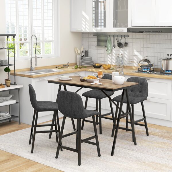 HOMCOM Set da bar 5 pezzi, Tavolo e 4 Sgabelli, Puntinatura a bottone, Imbottitura spessa, Lino, Grigio scuro