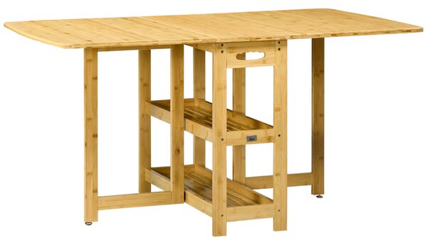 HOMCOM Tavolo Pieghevole da Pranzo con due lati pieghevoli, due ripiani, piedini regolabili, Bambù, 149,5 x 80 x 73,5 cm