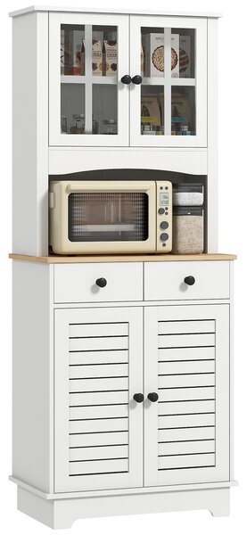 HOMCOM Armadio da Cucina con Porte in Vetro, 2 Cassetti, Armadio per Stoviglie, Armadio da Sala da Pranzo, Legno, 68 x 39,5 x 170 cm, Bianco