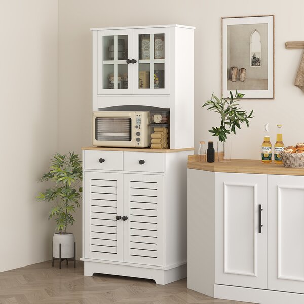 HOMCOM Armadio da Cucina con Porte in Vetro, 2 Cassetti, Armadio per Stoviglie, Armadio da Sala da Pranzo, Legno, 68 x 39,5 x 170 cm, Bianco