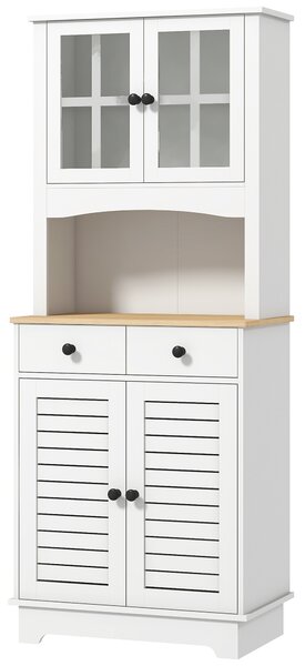 HOMCOM Armadio da Cucina con Porte in Vetro, 2 Cassetti, Armadio per Stoviglie, Armadio da Sala da Pranzo, Legno, 68 x 39,5 x 170 cm, Bianco