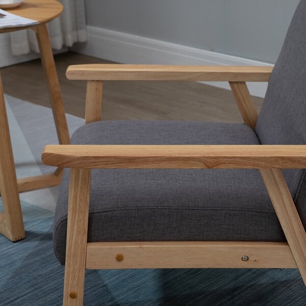 HOMCOM Poltrona con spesso cuscino in Stile Scandinavo, Struttura in Legno Massello, Finitura in Lino, 64x70x72 cm, Grigio + Naturale | Aosom Italy