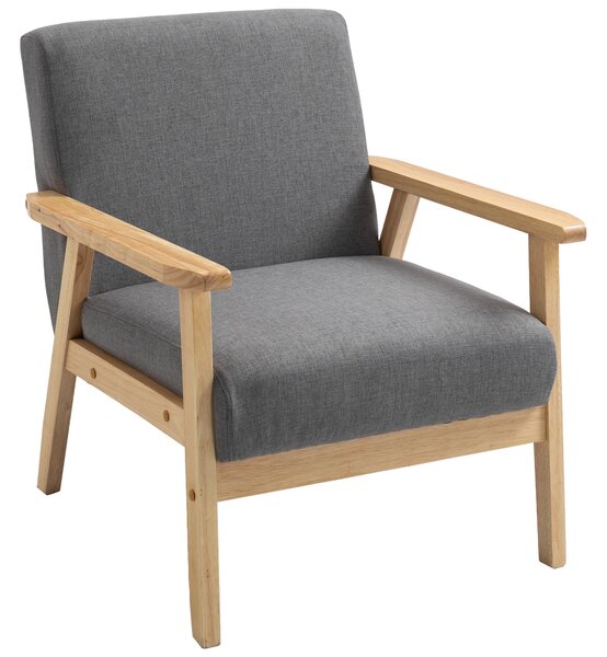 HOMCOM Poltrona con spesso cuscino in Stile Scandinavo, Struttura in Legno Massello, Finitura in Lino, 64x70x72 cm, Grigio + Naturale | Aosom Italy