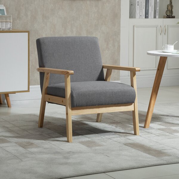 HOMCOM Poltrona con spesso cuscino in Stile Scandinavo, Struttura in Legno Massello, Finitura in Lino, 64x70x72 cm, Grigio + Naturale | Aosom Italy