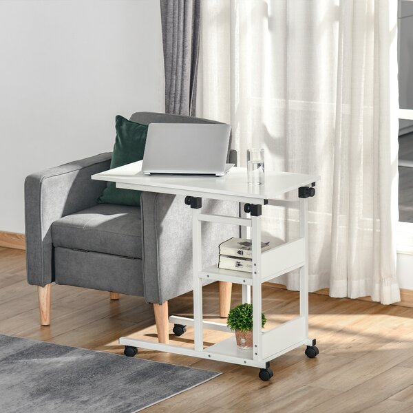 HOMCOM Tavolino da Salotto con Ruote, regolabile in altezza, compatto, con 2 ripiani, struttura in metallo, 80x40x72-82 cm, Bianco