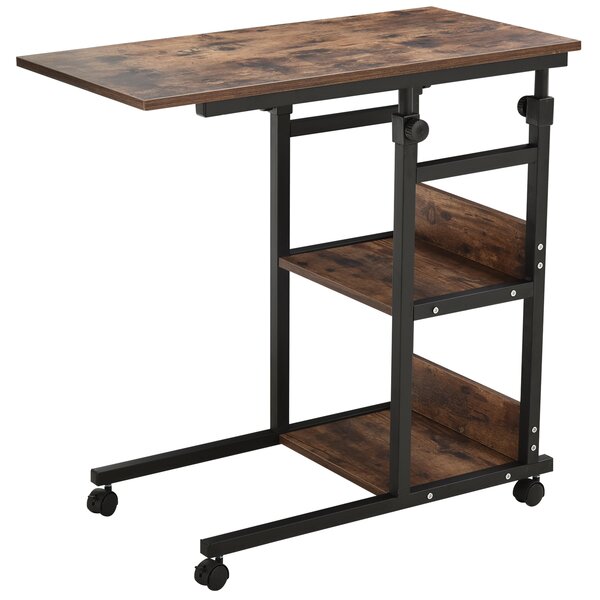 HOMCOM Tavolino portaoggetti con ruote, regolabile in altezza, compatto, 2 ripiani, telaio in metallo, 80x40x72-82 cm, Marrone/Nero