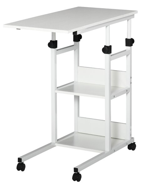HOMCOM Tavolino da Salotto con Ruote, regolabile in altezza, compatto, con 2 ripiani, struttura in metallo, 80x40x72-82 cm, Bianco