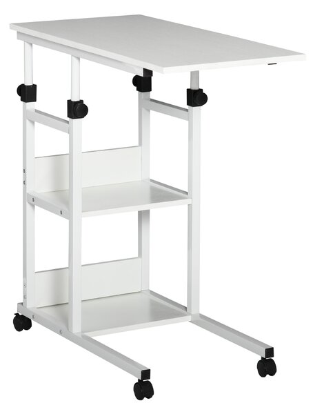 HOMCOM Tavolino da Salotto con Ruote, regolabile in altezza, compatto, con 2 ripiani, struttura in metallo, 80x40x72-82 cm, Bianco