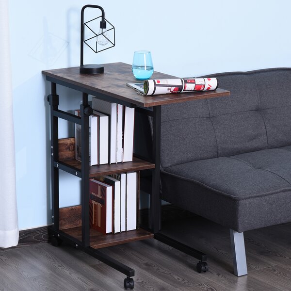 HOMCOM Tavolino portaoggetti con ruote, regolabile in altezza, compatto, 2 ripiani, telaio in metallo, 80x40x72-82 cm, Marrone/Nero