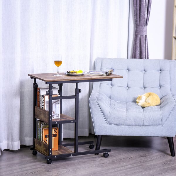 HOMCOM Tavolino portaoggetti con ruote, regolabile in altezza, compatto, 2 ripiani, telaio in metallo, 80x40x72-82 cm, Marrone/Nero