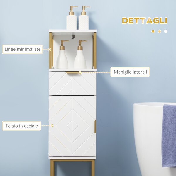 Kleankin Colonna Bagno Salvaspazio con Armadietto, Cassetto e Ripiano Aperto, in Legno e Metallo, 30x30x105cm, Bianco|Aosom