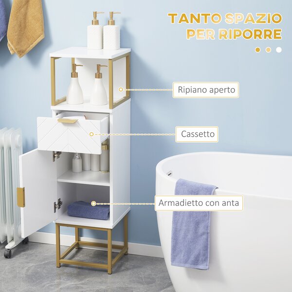 Kleankin Colonna Bagno Salvaspazio con Armadietto, Cassetto e Ripiano Aperto, in Legno e Metallo, 30x30x105cm, Bianco|Aosom