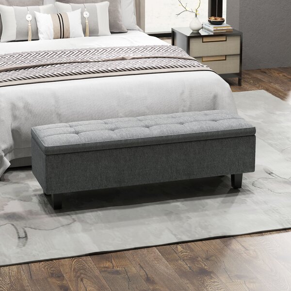 HOMCOM Banco imbottito con spazio di archiviazione in lino, con gambe in legno di gomma, per soggiorno, camera da letto, ingresso, Grigio scuro