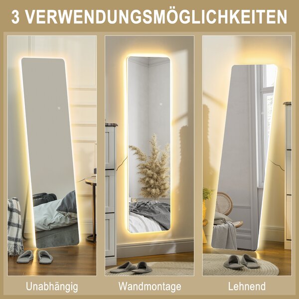 HOMCOM Specchio a Figura Intera LED, Controllo Touch, dimmerabile, senza cornice, 40 x 150 cm