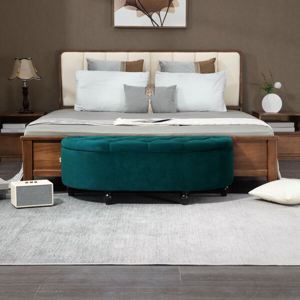 HOMCOM Poggiapiedi con Spazio di Archiviazione, Baule, Imbottito, Coperchio con Chiusura Soft-close, Effetto Velluto, 120 x 46 x 42 cm, Verde Scuro