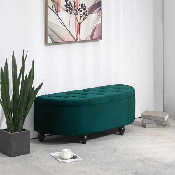 HOMCOM Poggiapiedi con Spazio di Archiviazione, Baule, Imbottito, Coperchio con Chiusura Soft-close, Effetto Velluto, 120 x 46 x 42 cm, Verde Scuro