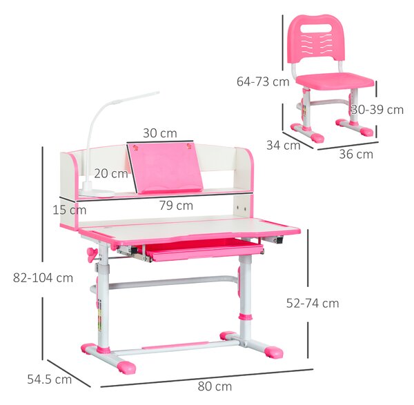 HOMCOM Banco Scuola per Bambini 6-12 Anni Regolabile con Luce LED, Leggio e Portapenne, in MDF, PP e Acciaio, Rosa
