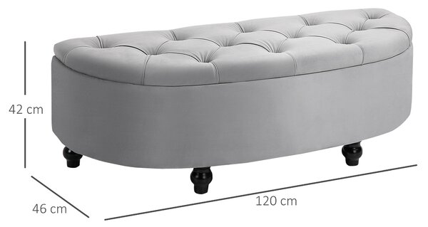 HOMCOM Panca Contenitore Fondoletto Imbottita a Semicerchio, Velluto e Legno, 120x46x42 cm, Grigio Chiaro | Aosom Italy