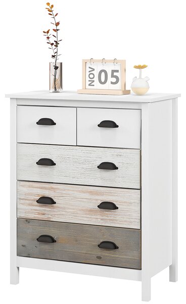 HOMCOM Credenza, Cassettiera, 5 Cassetti, superficie laccata, MDF & legno di pino, 70 x 38 x 85 cm, Bianco