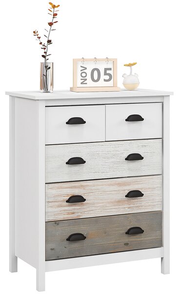 HOMCOM Credenza, Cassettiera, 5 Cassetti, superficie laccata, MDF & legno di pino, 70 x 38 x 85 cm, Bianco