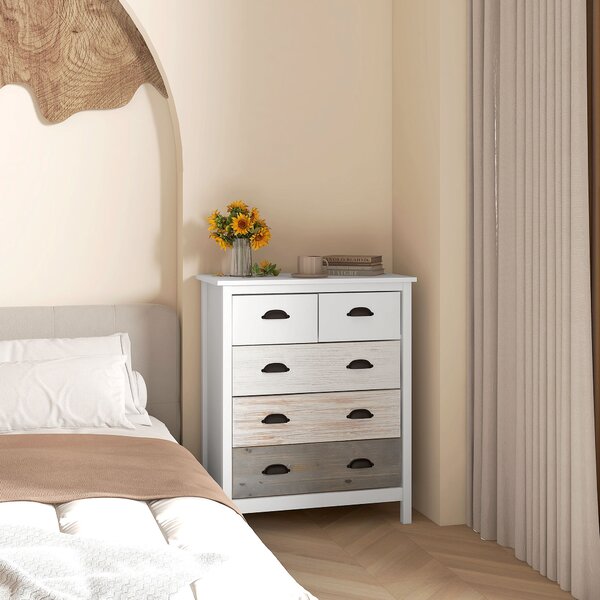 HOMCOM Credenza, Cassettiera, 5 Cassetti, superficie laccata, MDF & legno di pino, 70 x 38 x 85 cm, Bianco