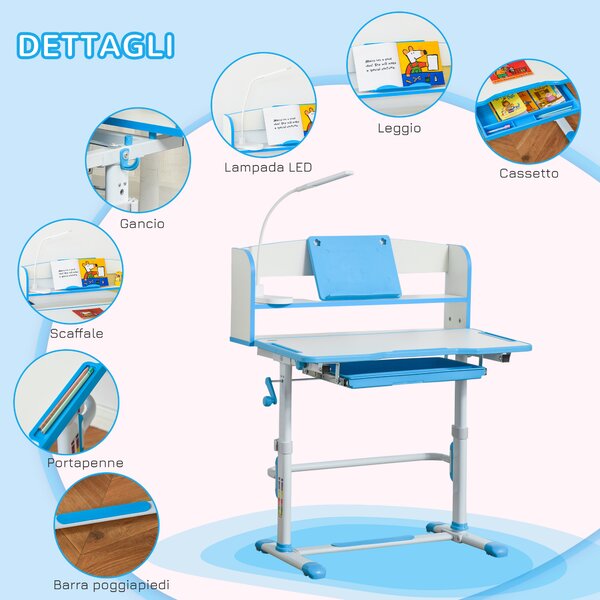 HOMCOM Banco Scuola per Bambini 6-12 Anni Regolabile con Luce LED, Leggio e Portapenne, in MDF, PP e Acciaio, Azzurro