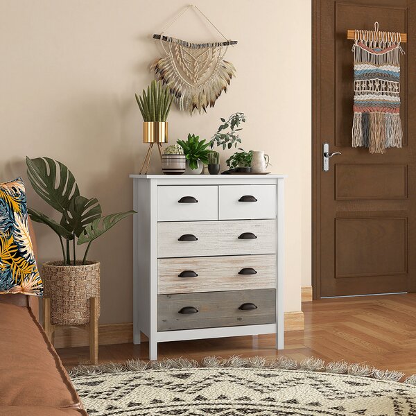 HOMCOM Credenza, Cassettiera, 5 Cassetti, superficie laccata, MDF & legno di pino, 70 x 38 x 85 cm, Bianco