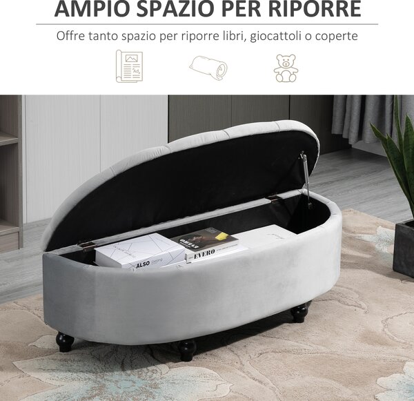 HOMCOM Panca Contenitore Fondoletto Imbottita a Semicerchio, Velluto e Legno, 120x46x42 cm, Grigio Chiaro | Aosom Italy