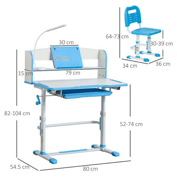 HOMCOM Banco Scuola per Bambini 6-12 Anni Regolabile con Luce LED, Leggio e Portapenne, in MDF, PP e Acciaio, Azzurro