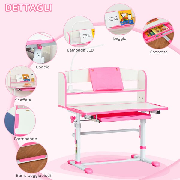 HOMCOM Banco Scuola per Bambini 6-12 Anni Regolabile con Luce LED, Leggio e Portapenne, in MDF, PP e Acciaio, Rosa