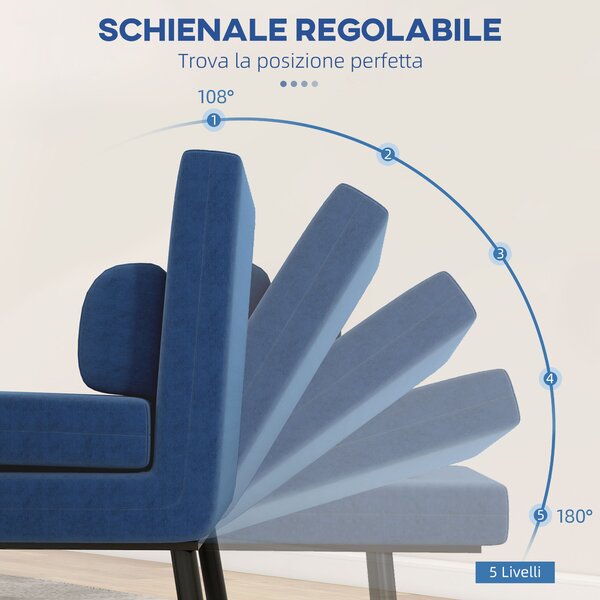 HOMCOM Poltrona Letto con Schienale Regolabile in 5 Posizioni, in Tessuto Effetto Lino e Acciaio, 75x70x75 cm, Blu Scuro