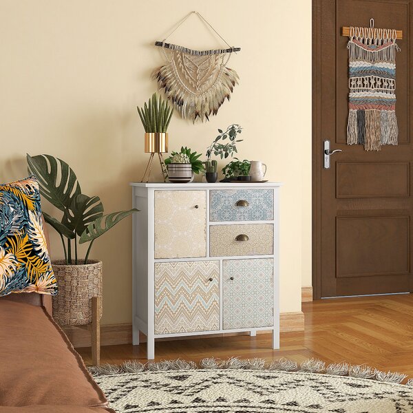 HOMCOM Cassettiera, Shabby Chic Kommode, 2 Cassetti, 3 Ripiani a Sportello, Legno di Pino, 68x34x80cm, Bianco
