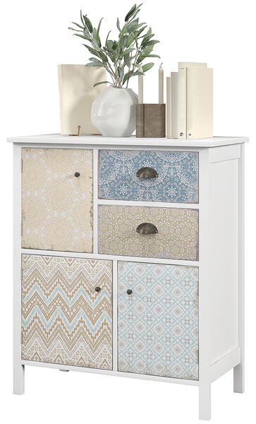 HOMCOM Cassettiera, Shabby Chic Kommode, 2 Cassetti, 3 Ripiani a Sportello, Legno di Pino, 68x34x80cm, Bianco