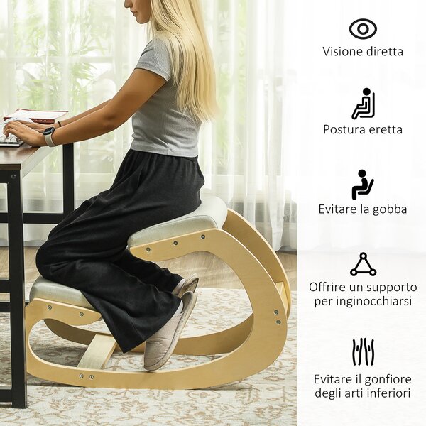 HOMCOM Sedia Inginocchiatoio con Movimento a Dondolo, in Tessuto Effetto Lino e Legno di Betulla, 55x85x55 cm, Crema