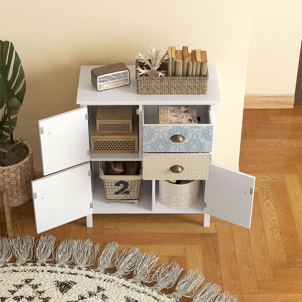 HOMCOM Cassettiera, Shabby Chic Kommode, 2 Cassetti, 3 Ripiani a Sportello, Legno di Pino, 68x34x80cm, Bianco